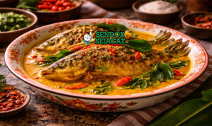 Gulai ikan mas khas Padang dengan potongan ikan mas empuk di kuah santan kuning pekat berempah, disajikan hangat di mangkuk bersama nasi putih