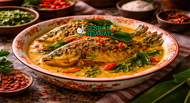 Gulai ikan mas khas Padang dengan potongan ikan mas empuk di kuah santan kuning pekat berempah, disajikan hangat di mangkuk bersama nasi putih