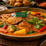 Gulai kepala ikan kakap khas Padang dengan kepala kakap utuh empuk di kuah santan kuning pekat berempah, disajikan hangat di mangkuk bersama nasi putih