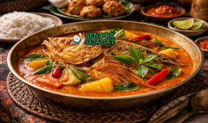 Gulai kepala ikan kakap khas Padang dengan kepala kakap utuh empuk di kuah santan kuning pekat berempah, disajikan hangat di mangkuk bersama nasi putih