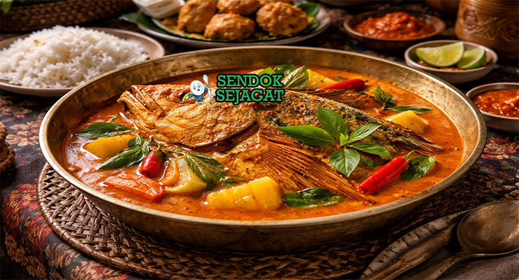 Gulai kepala ikan kakap khas Padang dengan kepala kakap utuh empuk di kuah santan kuning pekat berempah, disajikan hangat di mangkuk bersama nasi putih