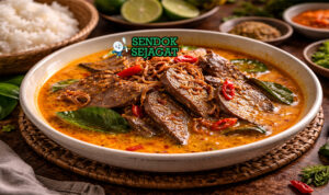 Gulai Limpa khas Padang dengan limpa sapi empuk, kuah santan kental kuning, tampak gurih hangat menggugah selera