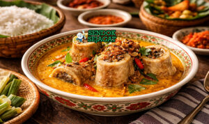 Gulai Sumsum Siap Sajian dengan Kuah Kental Menggoda Gulai sumsum khas Padang dengan sumsum tulang sapi lumer di kuah santan kuning pekat, disajikan hangat di mangkuk bersama nasi putih dan bawang goreng
