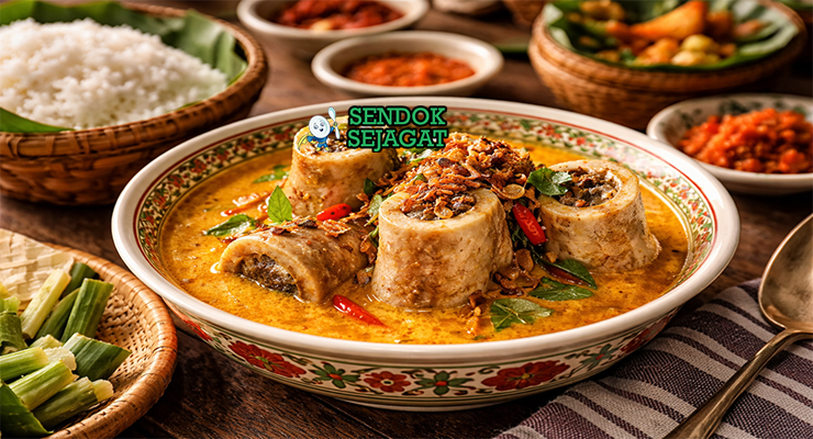 Gulai sumsum khas Padang dengan sumsum tulang sapi lumer di kuah santan kuning pekat, disajikan hangat di mangkuk bersama nasi putih dan bawang goreng