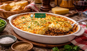 Hachis Parmentier khas Prancis dengan lapisan daging cincang gurih dan kentang tumbuk keemasan berkerak, disajikan hangat di loyang tahan panas