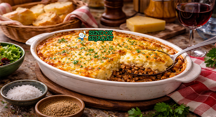 Hachis Parmentier khas Prancis dengan lapisan daging cincang gurih dan kentang tumbuk keemasan berkerak, disajikan hangat di loyang tahan panas