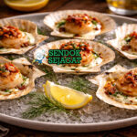 Hervey Bay Scallops with Yoghurt khas Australia dengan scallops seared juicy, yogurt creamy, cucumber avocado, tampak segar gurih menggugah selera