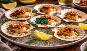 Hervey Bay Scallops with Yoghurt khas Australia dengan scallops seared juicy, yogurt creamy, cucumber avocado, tampak segar gurih menggugah selera