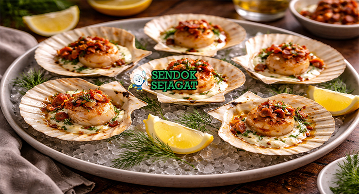 Hervey Bay Scallops with Yoghurt khas Australia dengan scallops seared juicy, yogurt creamy, cucumber avocado, tampak segar gurih menggugah selera