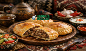 Pie ichlekli Turkmenistan berwarna kecokelatan renyah, dipotong menunjukkan isi daging juicy dengan tomat dan paprika di piring putih