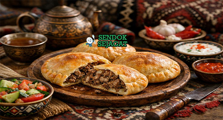 Pie ichlekli Turkmenistan berwarna kecokelatan renyah, dipotong menunjukkan isi daging juicy dengan tomat dan paprika di piring putih