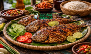 Ikan baronang bakar khas Makassar dengan ikan utuh renyah keemasan berbalut bumbu kuning, disajikan hangat di piring bersama sambal colo-colo dan nasi putih