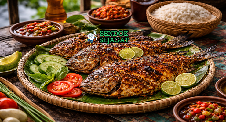 Ikan baronang bakar khas Makassar dengan ikan utuh renyah keemasan berbalut bumbu kuning, disajikan hangat di piring bersama sambal colo-colo dan nasi putih
