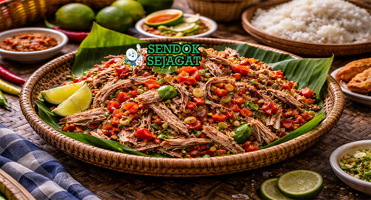 Ikan cakalang suwir dabu-dabu khas Manado dengan suwiran ikan asap dicampur tomat, bawang merah, dan cabai rawit pedas, disajikan hangat di mangkuk bersama nasi putih