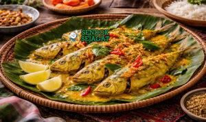Ikan selar bumbu kuning khas Maluku dengan ikan kecil renyah keemasan berbalut rempah kunyit, disajikan hangat di piring bersama nasi putih dan sambal terasi