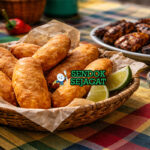 Jamaican Festival khas Jamaika dengan camilan goreng berbentuk lonjong renyah keemasan, disajikan hangat di piring kertas ala street food Jamaica