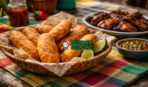 Jamaican Festival khas Jamaika dengan camilan goreng berbentuk lonjong renyah keemasan, disajikan hangat di piring kertas ala street food Jamaica