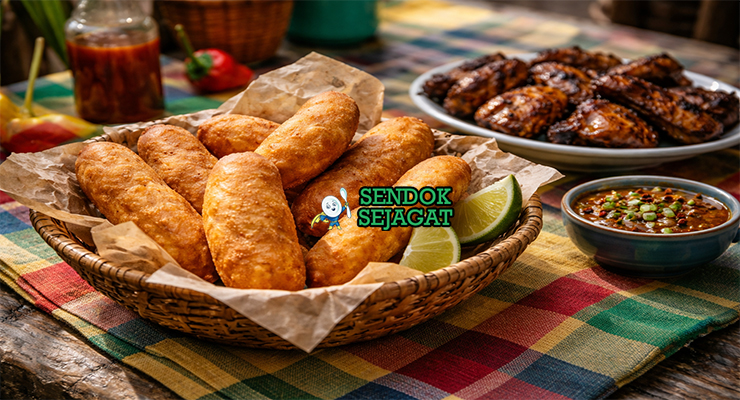 Jamaican Festival khas Jamaika dengan camilan goreng berbentuk lonjong renyah keemasan, disajikan hangat di piring kertas ala street food Jamaica