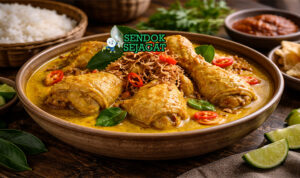 Kari Ayam Medan khas Sumatera dengan ayam empuk, kuah santan kental kuning, tampak gurih hangat menggugah selera