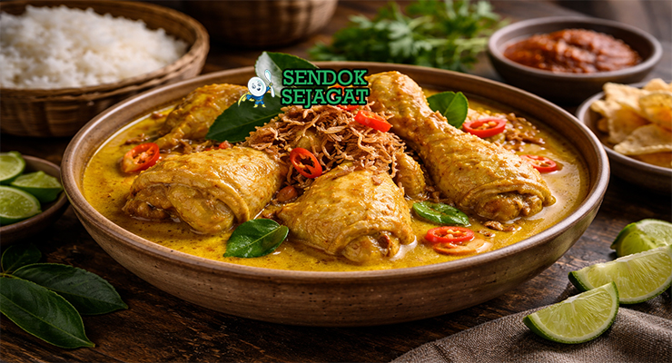 Kari Ayam Medan khas Sumatera dengan ayam empuk, kuah santan kental kuning, tampak gurih hangat menggugah selera