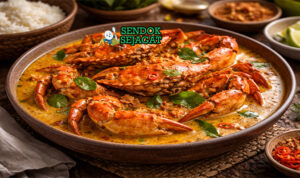 Kari Kepiting khas Jawa Timur dengan kepiting segar empuk, kuah santan kental kuning, tampak gurih hangat menggugah selera