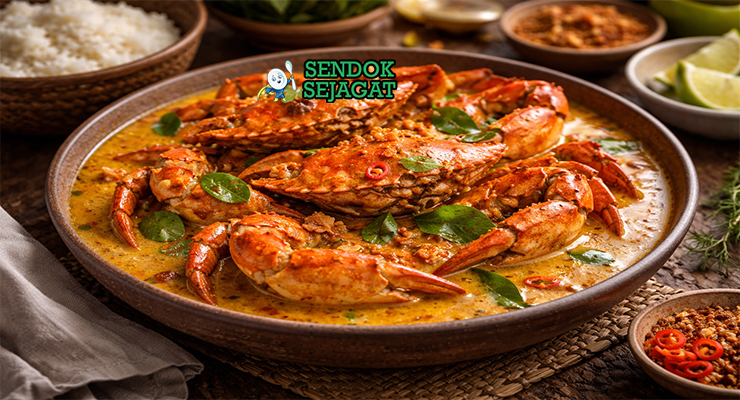 Kari Kepiting khas Jawa Timur dengan kepiting segar empuk, kuah santan kental kuning, tampak gurih hangat menggugah selera