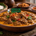 Kari Sapi khas Medan dengan daging sapi empuk, kuah santan kental kuning, tampak gurih hangat menggugah selera