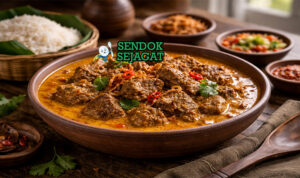 Kari Sapi khas Medan dengan daging sapi empuk, kuah santan kental kuning, tampak gurih hangat menggugah selera