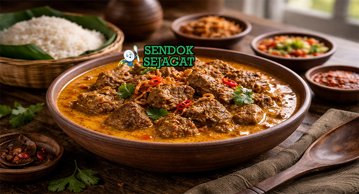 Kari Sapi khas Medan dengan daging sapi empuk, kuah santan kental kuning, tampak gurih hangat menggugah selera