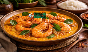 Kari Udang khas Aceh dengan udang segar empuk, kuah santan kental kuning, tampak gurih hangat menggugah selera