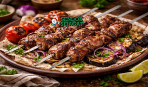 Khorovats khas Armenia dengan daging domba panggang tusuk kecokelatan, bawang iris, aroma asap kayu bakar, tampak gurih hangat menggugah selera