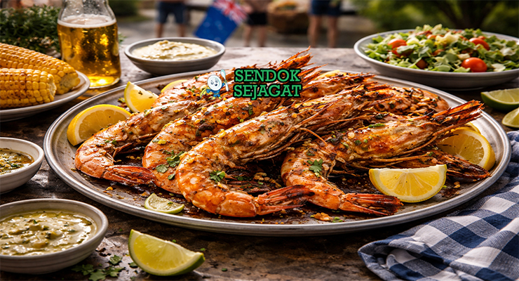King Prawns on the Barbie khas Australia dengan udang besar panggang keemasan oles garlic butter, disajikan hangat di piring bersama irisan lemon dan peterseli