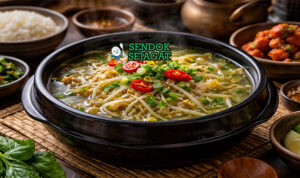 Kongnamul Guk Siap Sajian dengan Kuah Hangat Menggoda Kongnamul Guk khas Korea dengan kuah bening berisi kecambah kedelai kriuk, daun bawang, dan bawang putih, disajikan hangat di mangkuk putih