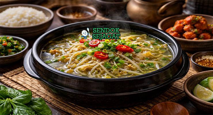 Kongnamul Guk khas Korea dengan kuah bening berisi kecambah kedelai kriuk, daun bawang, dan bawang putih, disajikan hangat di mangkuk putih