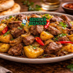 Hidangan kuurdak khas Kirgizstan disajikan hangat dengan daging empuk, kentang gurih, dan taburan bawang segar di meja makan