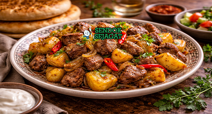 Hidangan kuurdak khas Kirgizstan disajikan hangat dengan daging empuk, kentang gurih, dan taburan bawang segar di meja makan