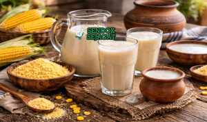 Mageu khas Afrika Selatan dengan minuman jagung fermentasi asam creamy putih segar di gelas, tampak menyegarkan gurih menggugah selera