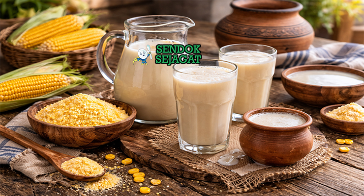 Mageu khas Afrika Selatan dengan minuman jagung fermentasi asam creamy putih segar di gelas, tampak menyegarkan gurih menggugah selera