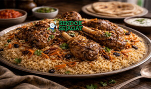 Mandhi khas Yaman dengan nasi basmati harum asap, daging kambing empuk, tampak gurih menggugah selera