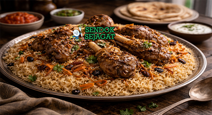 Mandhi khas Yaman dengan nasi basmati harum asap, daging kambing empuk, tampak gurih menggugah selera