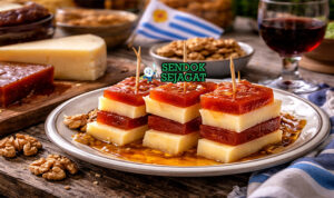 Martin Fierro khas Uruguay dengan irisan keju Manchego asin bertumpuk pasta quince manis, taburan walnut, disajikan cantik di piring putih untuk dessert elegan