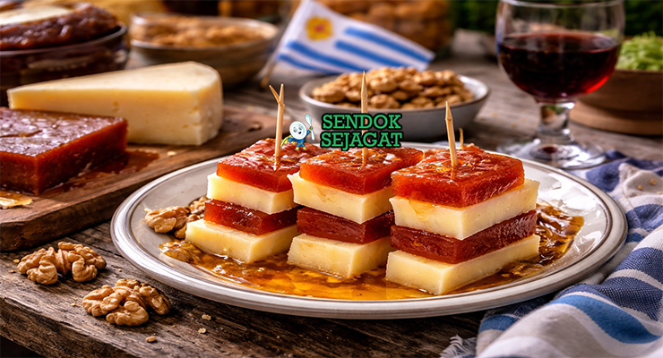 Martin Fierro khas Uruguay dengan irisan keju Manchego asin bertumpuk pasta quince manis, taburan walnut, disajikan cantik di piring putih untuk dessert elegan