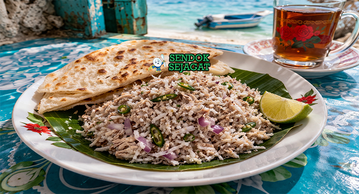 Mas huni khas Maladewa dengan campuran tuna suwir kelapa parut bawang dan cabai hijau, disajikan segar di mangkuk putih bersama roshi tipis