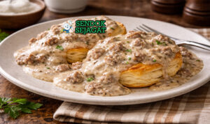 Sausage Gravy khas Amerika dengan saus kental kremi gurih, dituang di atas biscuit renyah, tampak hangat menggugah selera