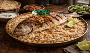 Mashuai khas Oman dengan ikan kingfish panggang utuh renyah, nasi lemon harum, tampak gurih menggugah selera