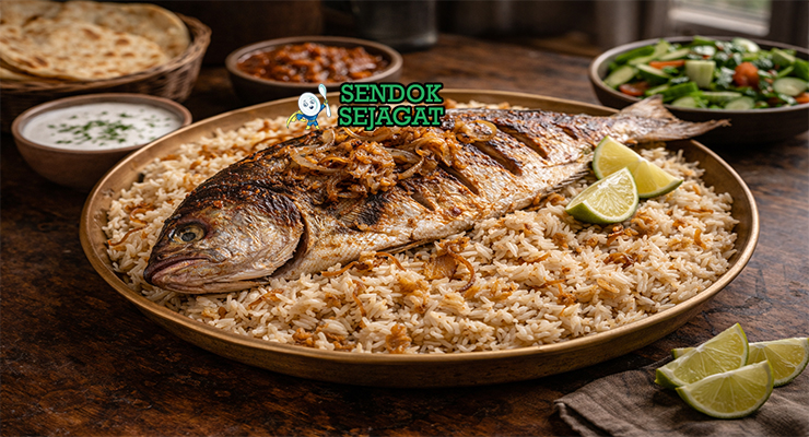Mashuai khas Oman dengan ikan kingfish panggang utuh renyah, nasi lemon harum, tampak gurih menggugah selera