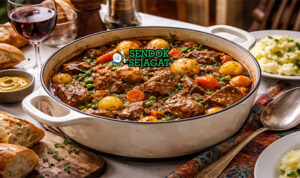 Navarin d’Agneau Siap Sajian dengan Kuah Kental Menggoda Navarin d’Agneau khas Prancis dengan potongan daging domba empuk, kentang, wortel, dan lobak dalam kuah kental beraroma thyme, disajikan hangat di loyang tahan panas