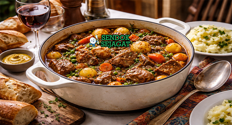 Navarin d’Agneau khas Prancis dengan potongan daging domba empuk, kentang, wortel, dan lobak dalam kuah kental beraroma thyme, disajikan hangat di loyang tahan panas