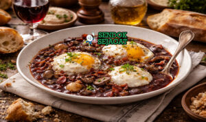 Oeufs en Meurette khas Prancis dengan telur poached kuning lumer di atas saus anggur merah kental berisi bacon, jamur, dan bawang, disajikan hangat di piring putih