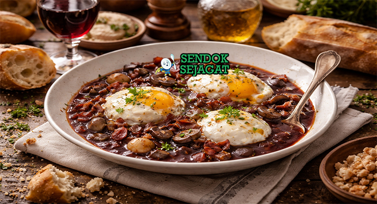Oeufs en Meurette khas Prancis dengan telur poached kuning lumer di atas saus anggur merah kental berisi bacon, jamur, dan bawang, disajikan hangat di piring putih
